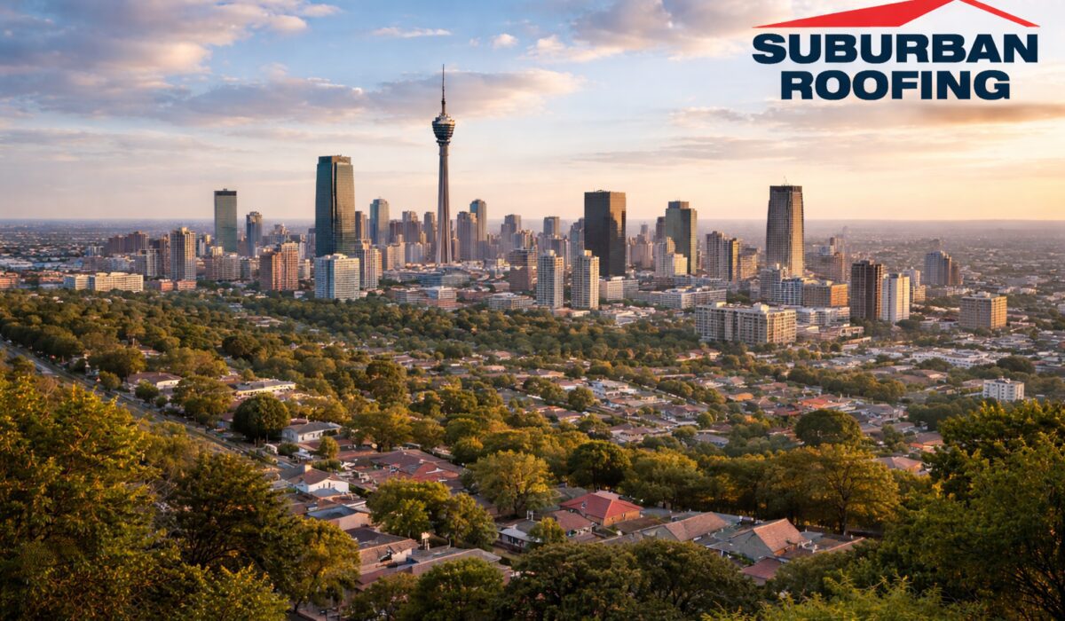 Johannesburg skyline view with Suburban Roofing logo representing professional waterproofing and roofing services in Gauteng