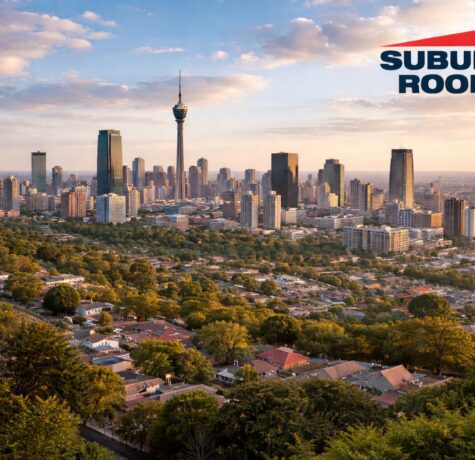 Johannesburg skyline view with Suburban Roofing logo representing professional waterproofing and roofing services in Gauteng